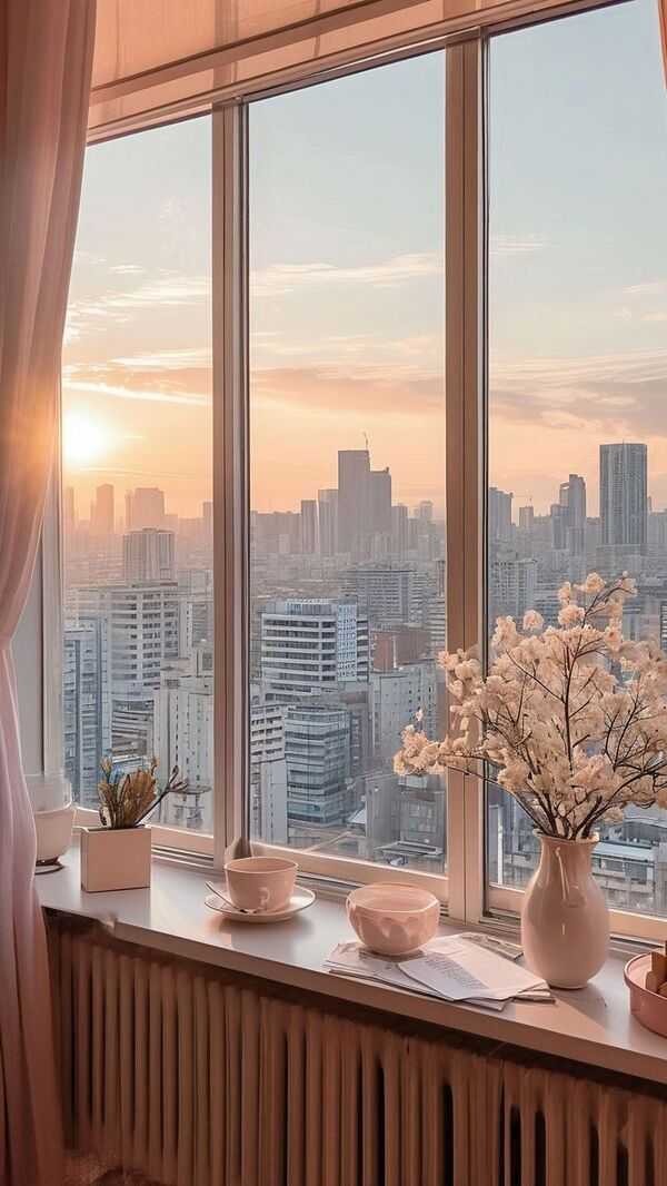 Rahulik linnavaade pehme valguse ja avara ruumiga